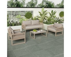 Tuinloungeset met gegalvaniseerd ijzeren frame, touw tuinmeubelset, khaki touw loungeset met zitkussens, verstelbare poten, glad glazen blad, set van 4, inclusief alle kussens
