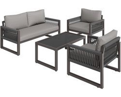 Tuinloungeset met gegalvaniseerd ijzeren frame, touwtuinmeubelset, grijze touwloungeset met zitkussens, verstelbare poten en een glad glazen tafelblad, set van 4, alle kussens inbegrepen.