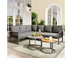 Tuinloungeset, meubelset voor 6-7 personen, hoekbank met gegalvaniseerd ijzeren frame, verstelbare poten, inclusief alle zit- en rugkussens, grijs