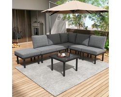 Tuinloungeset set van 6 - tuinmeubelset in touw - grijs touw - verstelbare poten - glad glazen tafelblad - grijs