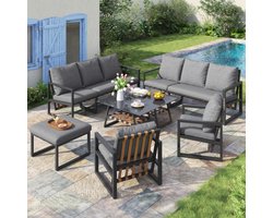 Tuinloungeset, tuinmeubelset met comfortabele kussens, 2 3-zitsbanken, 2 fauteuils, 2 salontafels en voetenbankjes, buiten, gegalvaniseerd staal, rugleuning van gevlochten PU-touw, glazen tafelblad, grijs