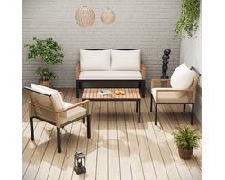 Tuinloungeset, Tuinmeubelset met comfortabele kussens, 2-zits bank, 2 fauteuils en tafel, Outdoor, Rattan, Tafel en Stoelen, Beige