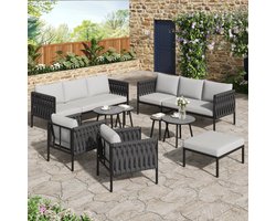 Tuinloungeset, tuinmeubelset met comfortabele kussens, twee 3-zitsbanken, twee fauteuils, vier salontafels Tafels en een voetenbankje, dik touwvlechtwerk, gemarmerd glazen blad, gegalvaniseerd staal, grijs