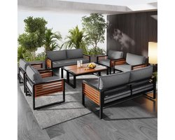 Tuinloungeset, tuinmeubelset met gegalvaniseerd ijzeren frame (brede set, 8-delige eettafelset, 2 tweezitsbanken, 4 losse stoelen, 2 tafels), grijs, decoratieve houten armleuningen.
