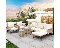 Tuinloungeset, tuinmeubelset, met ijzeren frame en beige touw, gevlochten touw tuinmeubel voor buitengebruik, beige, twee fauteuils, twee 2-zitsbanken en twee tafels (inclusief alle kussens)