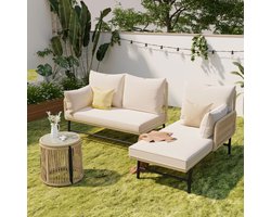 Tuinloungeset, tuinmeubelset, tuinloungeset met ijzeren frame en beige touwbekleding, gevlochten touw tuinmeubelen voor buiten, L-vormige conversatieset met tafel, beige