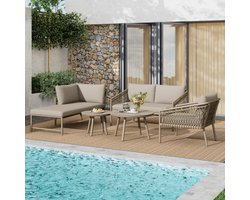 Tuinloungeset, tuinmeubelset van touw, moderne buitensofaset van handgeweven touw, inclusief alle zit- en rugkussens, balkonset, tuin en terras, khaki