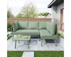 Tuinloungeset van ijzer, tuinmeubelset van groen touw, L-vormige tuinmeubelset, loungeset van groen touw met zitkussens, verstelbare poten, 2 banken en 1 tafel
