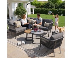 Tuinloungeset voor 5-6 personen, groot buitensofa-set, 6-delige PE-rotan zitset met waterbestendige zitbank en kussenset, modulaire hoekbank-set voor terras balkon, grijs
