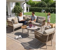 Tuinloungeset voor 5-6 personen, groot buitensofa-set, 6-delige PE-rotan zitset met waterbestendige zitbank en kussenset, modulaire hoekbank-set voor terras balkon, beige