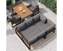 Tuinloungeset voor 8 Personen met Eettafel 209x58x81 cm – Hoekbank met 2 Stoelen, Acaciahout & Metaal, Inclusief Dikke Kussens, Weerbestendig Outdoor Lounge Set Grijs – Laura