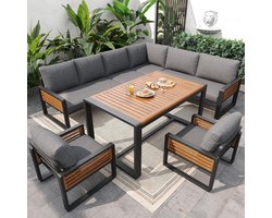Tuinloungeset voor 8 Personen met Hoekbank, Eettafel en Stoelen – 209 x 58 x 81 cm – Acaciahout & Metaal – Inclusief Dikke Waterafstotende Kussens – Grijs – Laura