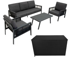 Tuinmeubel Set 4-delig Antraciet Grijs Aluminium met Rotan Opbergbox Zwart Buiten 3-Zits Zitbank 2 Fauteuils Salontafel Kussens 582L Kist Gasveren Hefmechanisme Draagbaar Waterdichte Regenhoes
