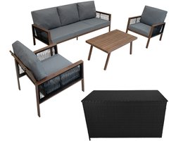 Tuinmeubel Set 4-delig Houteffect Aluminium met Rotan Opbergbox Zwart Buiten 3-Zits Zitbank 2 Fauteuils Salontafel Kussens 582L Kist Gasveren Hefmechanisme Draagbaar Waterdichte Regenhoes