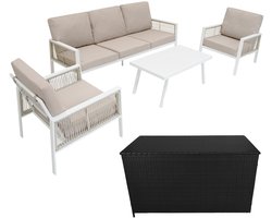 Tuinmeubel Set 4-delig Wit Aluminium met Rotan Opbergbox Zwart Buiten 3-Zits Zitbank 2 Fauteuils Salontafel Kussens 582L Kist Gasveren Hefmechanisme Draagbaar Waterdichte Regenhoes