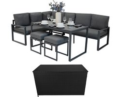 Tuinmeubel Set Antraciet Grijs Aluminium met Rotan Opbergbox Zwart 7-Zitting Buiten Hoek Loungeset Zitbank Eettafel Krukken Kussens 582L Kist Gasveren Hefmechanisme Draagbaar Waterdichte Regenhoes