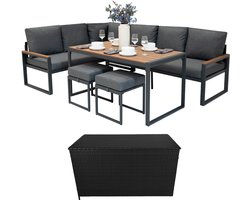 Tuinmeubel Set Houteffect Aluminium met Rotan Opbergbox Zwart 7-Zitting Buiten Hoek Loungeset Zitbank Eettafel Krukken Kussens 582L Kist Gasveren Hefmechanisme Draagbaar Waterdichte Regenhoes Draagtas