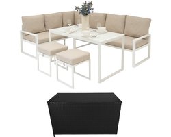 Tuinmeubel Set Wit Aluminium met Rotan Opbergbox Zwart 7-Zitting Buiten Hoek Loungeset Zitbank Eettafel Krukken Kussens 582L Kist Gasveren Hefmechanisme Draagbaar Waterdichte Regenhoes Draagtas