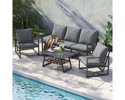 Tuinmeubelen Set met Kussens, 3 Zits Bank - 2 Fauteuils en Salontafel - Buiten - Geweven PU Touw Rugleuning - Glazen Tafelblad - Grijs