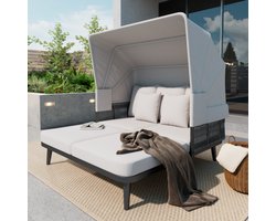 Tuinmeubelen voor 2 personen, strandstoel, ligstoel, zonnebed, uitschuifbaar zonnescherm, gegalvaniseerd stalen frame, 10 cm dikke kussens, handgeweven touw, grijs