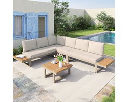 Tuinmeubelset - 2 ligstoelen - met verstelbare kantelfunctie - tafelblad van kunststofhout - met salontafel - met opbergruimte - beige