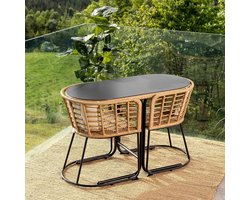 Tuinmeubelset 2 Personen 120x52x78 cm – Compacte Balkonset met Tafel en Stoelen, Waterdicht Polyrotan & Staal, Inclusief Kussens, Beige/Crème Boho Chic – Laura