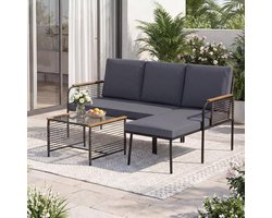 tuinmeubelset 3-delig L-vorm 166 x 118 x 78 cm – Polyrotan Loungeset met Tafel en Kussens – Weerbestendige Balkon & Terras Meubels met Glazen Blad – Grijs – Urbanhome