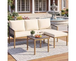 Tuinmeubelset 3-delig L-vorm 166 x 118 x 78 cm – Polyrotan Loungeset met Tafel en Kussens – Weerbestendige Balkon & Terras Meubels met Glazen Blad beige – Urbanhome