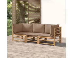 Tuinmeubelset 3-delig met kussen, taupe bamboe, set voor tuinmeubelen, outdoor-loungeset voor de tuin in de open lucht