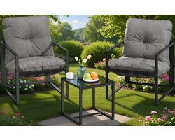 Tuinmeubelset 3-delig voor 2 Personen – 2 Stoelen, 1 Bank & 1 Tafel – Modern Grijs Balkon, Terras & Tuin Meubelset – Stalen Frame, Weerbestendig met Gevoerde Kussens – Laura