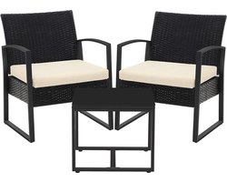 Tuinmeubelset, 3-delige set, van polyrotan, voor outdoor, terras, balkon, tuin, eenvoudige montage, bijzettafel en 2 stoelen, zwart-beige