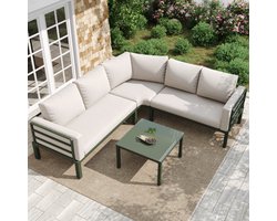 Tuinmeubelset (4-5 zitplaatsen), 1 salontafel van gehard glas, groen gegalvaniseerd ijzeren frame, comfortabel tuinmeubilair, beige zitkussens en kussens met verstelbare poten