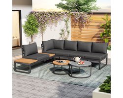 Tuinmeubelset (4-5 zitplaatsen), 2 stapelbare salontafels, gegalvaniseerd ijzeren frame, comfortabel tuinmeubilair, grijze zitkussens en kussens inbegrepen, met verstelbare poten