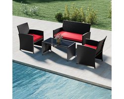 Tuinmeubelset 4-delig 107 x 63 x 78 cm – Polyrotan Loungeset met 2 Stoelen, Tweezitsbank en Glazen Tafel – Balkon & Terras Meubels met Kussens – Zwart rood – Urbanhome