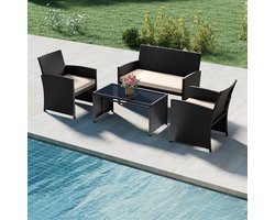 Tuinmeubelset 4-delig 107 x 63 x 78 cm – Polyrotan Loungeset met 2 Stoelen, Tweezitsbank en Glazen Tafel – Balkon & Terras Meubels met Kussens – Zwart– Urbanhome