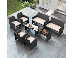 Tuinmeubelset 4-delig 107 x 63 x 78 cm – Polyrotan Loungeset met 2 Stoelen, Tweezitsbank en Glazen Tafel – Balkon & Terras Meubels met Kussens – Zwart Beige – Urbanhome