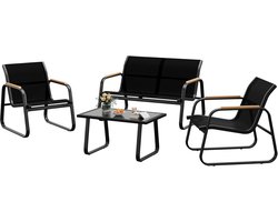 Tuinmeubelset 4-delig - Balkonset - Textileen - Stalen Frame - Tafel met 2-zits Bank en 2 Stoelen - Buiten Zitset voor Tuin en Balkon - Zwart