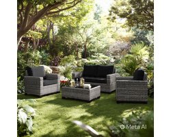 Tuinmeubelset 4-delig Polyrotan Loungeset met 2 Stoelen, 2-Zitsbank en Tafel 160x90x75 cm – Bruin/Taupe Balkon en Terras Meubelen Weerbestendig met Kussens – Urbanhome