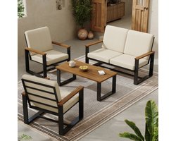 Tuinmeubelset, 4-delige tuinloungestoelset, 2-zitsbank, 2 losse banken, salontafel, blad van acaciahout, eenvoudig ontwerp, gegalvaniseerd staal, beige