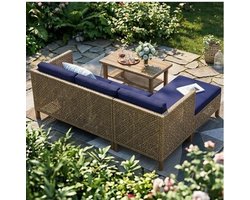 Tuinmeubelset 4 Personen met Chaise Longue en Salontafel 210x140x75 cm – Beige Rotan Loungeset voor Balkon, Tuin en Terras – Boho Design Outdoor Loungemeubels – Urbanhome