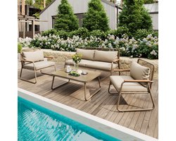 Tuinmeubelset - 4-persoons - Sofa met Verstelbare Poten en Glasplaat - Verzinkt IJzer - Beige