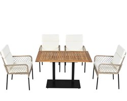 Tuinmeubelset - 5-Delige Eettafelset – Tuinset – Balkonset – Terrasmeubilair – Buitentafel – Acaciahout – Polyrattan Stoelen - Wit