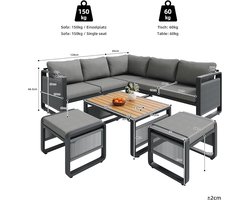 Tuinmeubelset 5 Personen Loungeset 215x215 cm – Moderne Weerbestendige Hoekbank met Kussens, Salontafel & Bijzettafel – Outdoor Lounge Set voor Tuin, Terras & Balkon – Grijs – Laura