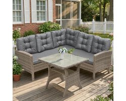 Tuinmeubelset 5 Personen Rotan Lounge Dining Set met Eettafel & Kussens Weerbestendig Grijs voor Tuin Balkon Terras – Mobili Bella