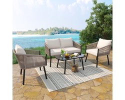Tuinmeubelset (5-zits), 2 salontafels van gehard glasTuinmeubelset, 4-delige tuinloungeset, 2-zitsbank, 2 losse banken, salontafel, glazen blad, eenvoudig design, gegalvaniseerd staal, beige