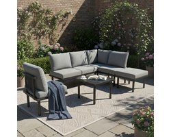 Tuinmeubelset - 6-delig - Lounge Set Met Verstelbare Voeten - Glas Tafel - Seil & IJzer - Grijs