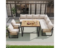 Tuinmeubelset 7-8 Personen met Hoekbank en Tafel 95x63x65 cm – Modulaire Lounge Set met Touwdesign en Kussens – Weerbestendige Outdoor Loungeset voor Tuin, Balkon en Terras – Beige – Laura