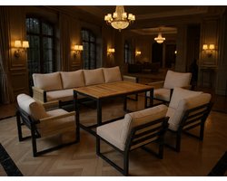Tuinmeubelset 7-8 Personen Modulaire Loungeset met Eettafel 95 x 63 x 65 cm – Hoekbank, Stoelen & Flexibele Zitgroep – Weerbestendige Balkon & Terras Set met 8 cm Kussens – Urbanhome