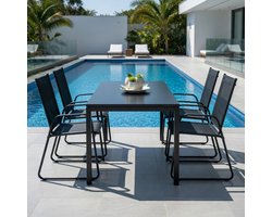 Tuinmeubelset 7-delig 150x80x74 cm – Luxe Tuin Eethoek met Glazen Tafel en 6 Stoelen, Weerbestendig Stalen Frame, Comfortabele Textileen Stoelen voor Terras & Tuin – NoviHome