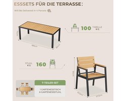 Tuinmeubelset 7-delig Aluminium 189 cm Tuintafel + 6 Tuinstoelen met Armleuningen – Houtlook/Teak Kleur Weerbestendig Onderhoudsvrij – Luxe Tuinset voor 6 Personen Terras Balkon Buiten – HomebyNicole